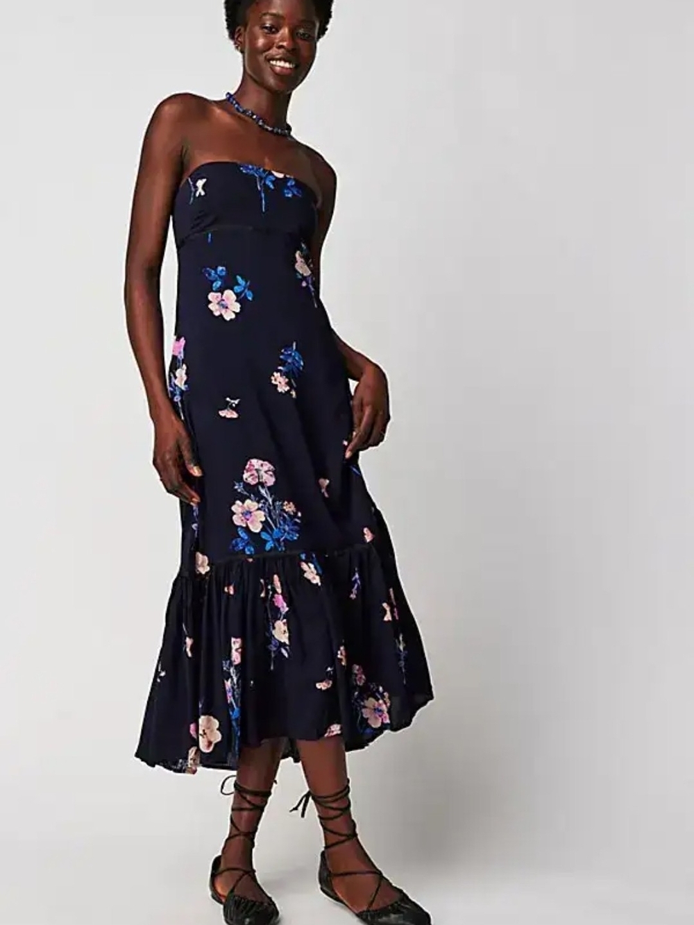 Free People Rosie Posie Midi Dress Midnight Combo Floral Strapless Boho Size L